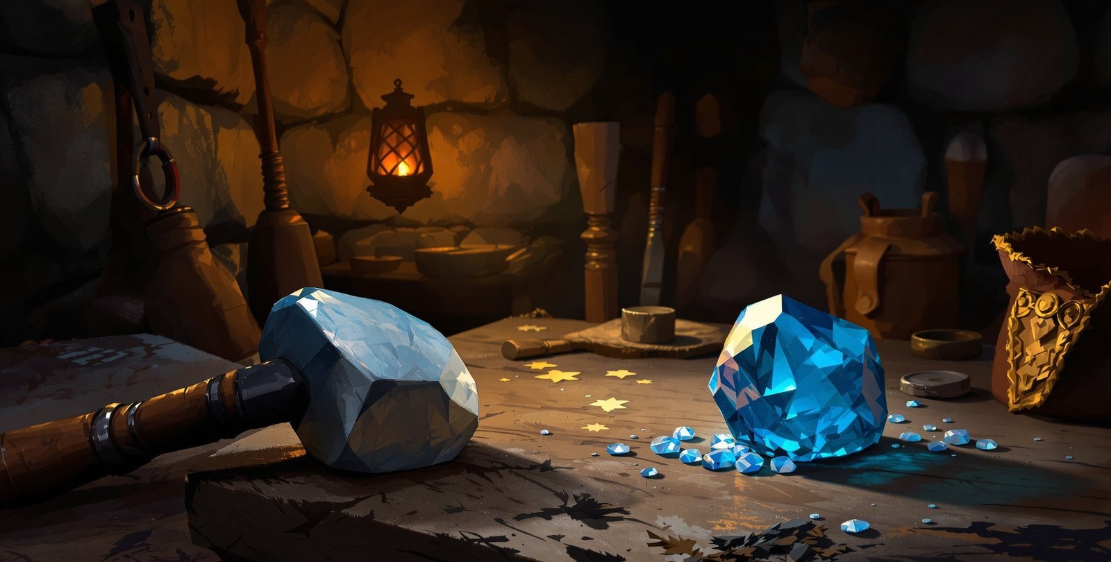 A rough blue gemstone and a hammer on a worn wooden workbench in a lantern-lit stone workshop