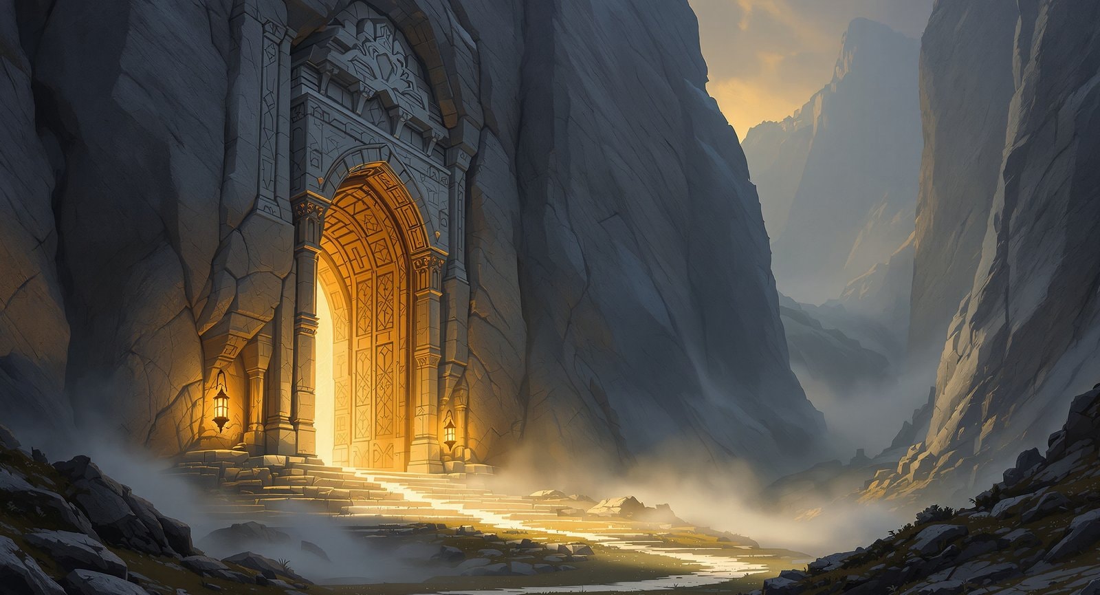 A carved stone gateway glowing with lamplight in a steep grey mountain face, mist filling the valley at dawn