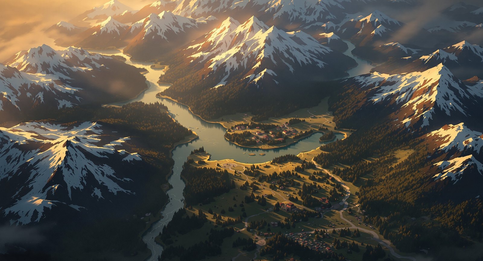 An aerial view of snow-capped mountains, forests and a winding river valley